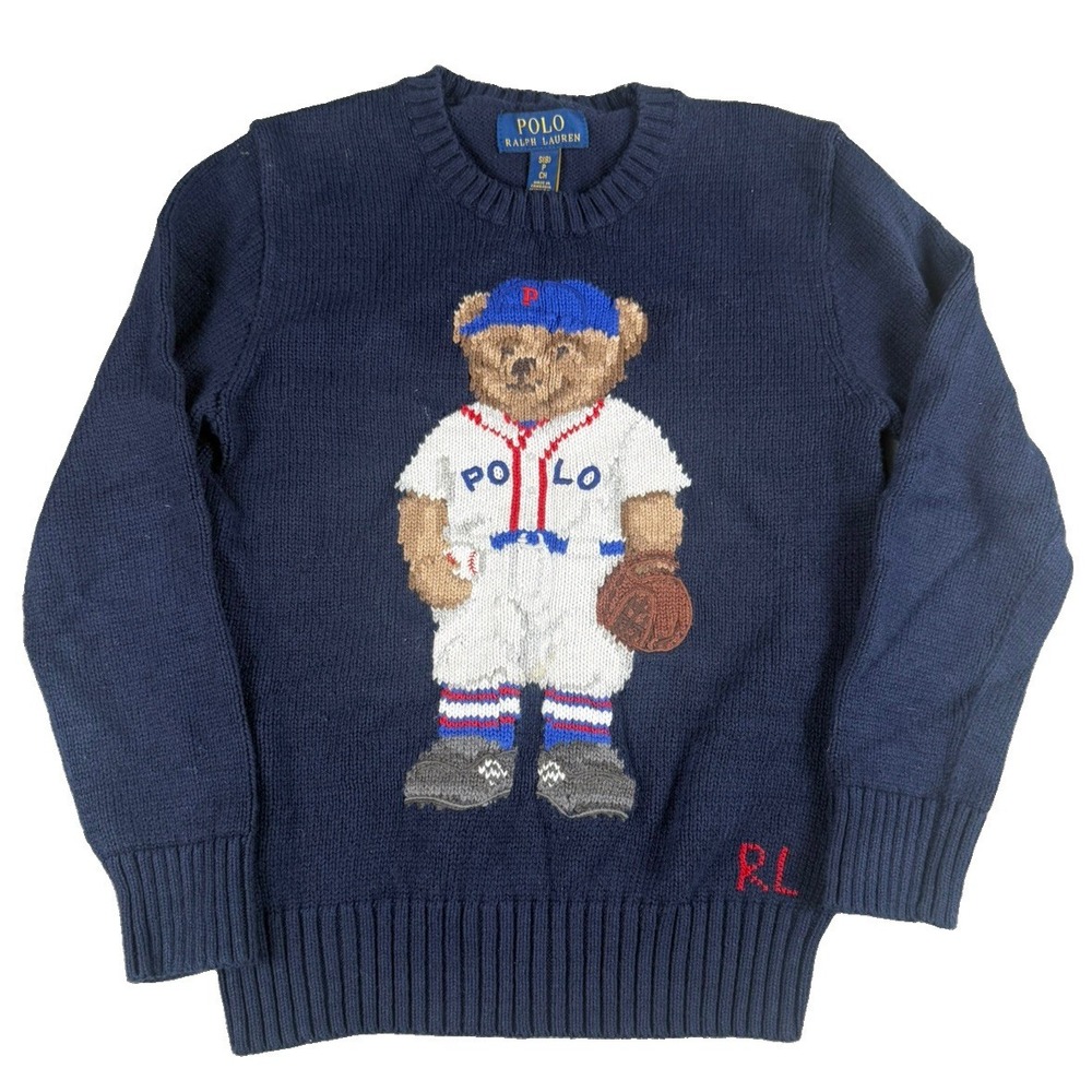 Polo Ralph Lauren Polo Bear Sweater Womens S Navy Baseball Bear Cotton Knit